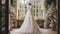 Wedding drees, bridal gown style and bespoke fashion, full-legth white tailored ball gown in showroom, tailor fitting, beauty and