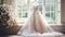 Wedding drees, bridal gown style and bespoke fashion, full-legth white tailored ball gown in showroom, tailor fitting, beauty and