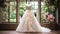 Wedding drees, bridal gown style and bespoke fashion, full-legth white tailored ball gown in showroom, tailor fitting, beauty and