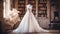 Wedding drees, bridal gown style and bespoke fashion, full-legth white tailored ball gown in showroom, tailor fitting, beauty and