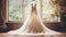 Wedding drees, bridal gown style and bespoke fashion, full-legth white tailored ball gown in showroom, tailor fitting, beauty and