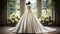 Wedding drees, bridal gown style and bespoke fashion, full-legth white tailored ball gown in showroom, tailor fitting, beauty and