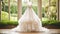 Wedding drees, bridal gown style and bespoke fashion, full-legth white tailored ball gown in showroom, tailor fitting, beauty and