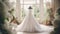 Wedding drees, bridal gown style and bespoke fashion, full-legth white tailored ball gown in showroom, tailor fitting, beauty and