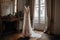 A Wedding Dress Hanging On A Hanger In A Charming Parisian Apartment With Ornate Details And Romantic Touches. Generative AI