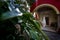 Wedding dress hanging in vintage colonial hacienda