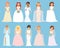 Wedding dresses on woman vector bride character and bridesmaid wearing white dressing accessories and bridal celebration