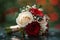 Wedding elegance red and white roses, gold rings, nature romance