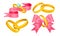 Wedding and Engagement Golden Rings with Silk Pink Ribbon Vector Set