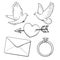 Wedding, engagement icon set with doves, heart, ring, love letter