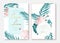 Wedding event invitation cards template set. Exotic pink flamingo birds. Body shape as rose flower. Green palm leaves.