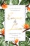 Wedding event invitation RSVP card template. Green monstera philodendron leaves orange strelitzia bird paradise flowers.