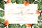 Wedding event invitation RSVP card template. Green monstera philodendron leaves orange strelitzia bird paradise flowers.