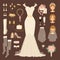 Wedding fashion bride dress doodle style bridal shower sketch decor set and cartoon vector silhouette portrait swirling