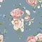 Wedding floral bouquets of peach cream roses and bluebells on grey blue background.