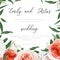 Wedding floral invite, greeting save the date card design. Blush peach, ivory white roses, pale coral Juliette flowers, burgundy