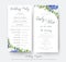 Wedding floral wedding party & ceremony program card design with elegant blue hydrangea flowers, white garden roses, green eucalyp