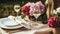 Wedding or formal dinner holiday celebration tablescape with hydrangea flowers in the English countryside garden, table