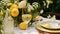 Wedding or formal dinner holiday celebration tablescape with lemons and flowers in the English countryside garden lemon tree, home