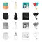 Wedding gifts, bride, photo of newlyweds, balloons. Wedding set collection icons in cartoon black monochrome outline