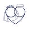 Wedding gold intertwined rings forming a heart. Vector icon with bride veil and groom hat.