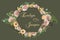 Wedding horizontal floral invitation, invite card. Vector watercolor set pink rose flowers, eustoma cream, brunia, green fern,