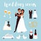 Wedding icons set. Bridal ceremony, car, dress and groom bride. Flat design vector illustration.