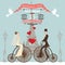 Wedding invitation.Bride groom on retro bike