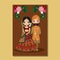 Wedding invitation card the bride and groom cute couple in traditional indian dress cartoon character. Vector illustration.