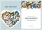 Wedding invitation card with colored morpho menelaus, graphium androcles, morpho rhetenor cacica, papilio demoleus