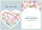 Wedding invitation card with pastel african daisies, fuchsia, gloriosa, king protea, anthurium, strelitzia