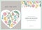 Wedding invitation card with pastel ficus, eucalyptus, peony, cotton, freesia, brunia