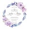 Wedding invitation card on white background. Vector. Purple rose, Wax flower, Silver dollar plant.