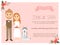 wedding invitation cards with bride and groom and their syberian husky dog pet. vintage style.save the date