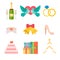 Wedding invitation celebration set flat anniversary romance decoration couple icons vector illustration