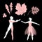 Wedding invitation with cute cartoon ballet dancers and pink leaves, isolated on black background. Vintage style.