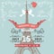 Wedding invitation.Eiffel tower,pigeons,swirling