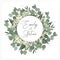 Wedding invite, invitation, save the date card floral design. Wreath monogram with silver dollar eucalyptus greenery leaves, green