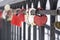 Wedding locks on the railing of the stairs.