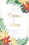 Wedding marriage event invitation card template. Red yellow lilly lily flowers exotic tropical jungle green leaves.