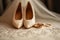 Wedding morning details gold rings, brides shoes, engagement essentials