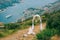 A wedding in the mountains. Wedding arch for the ceremony on the