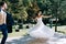 Wedding party outdoor. Open air firs wedding dance happy bride and groom