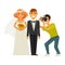 Wedding photographer and couple bride and groom vector flat icons