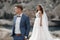 Wedding photography of a young couple, the bride and groom in a mountainous area in summer