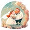 Wedding Portrait of bride and groom in a wreath of flowers. Cartoon illustration