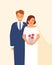 Wedding portrait of cute happy pair of young smiling bride and groom dressed in elegant clothing. Funny adorable married