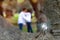 Wedding ring for the bride and groom the day of the wedding. In the background unfocused couple kissing in a park