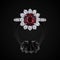 Wedding ring front view with red ruby and white diamonds on black background with reflection. Jewellery with gemstone