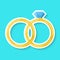 Wedding ring isolated on a blue background. Golden ring with shiny diamond. Realistic sticker. Simple cute design. Icon or logo.